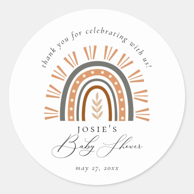 Earthy Boho Rainbow Thank You Baby Shower  Classic Round Sticker (Front)