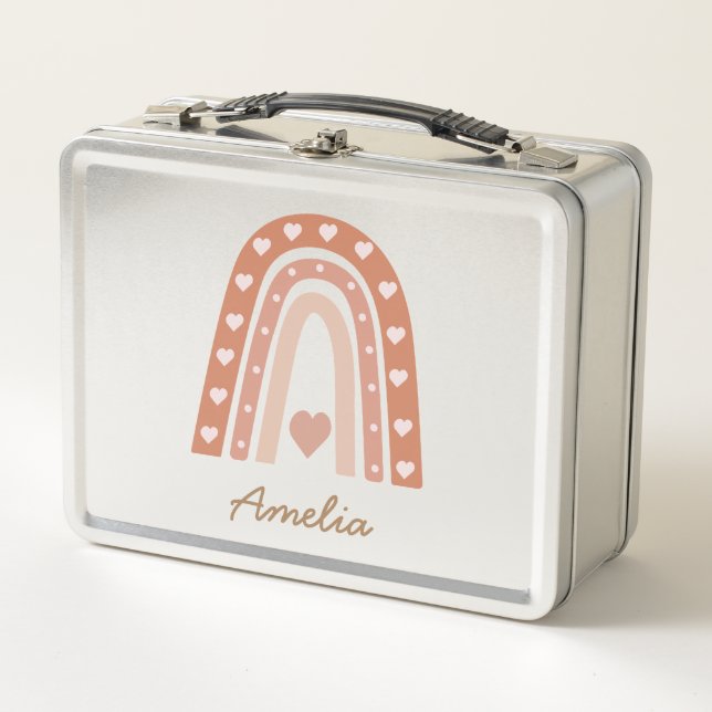 Earthy Boho Rainbow with hearts Personalised  Metal Lunch Box (Front)