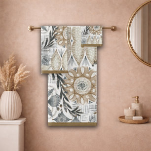 Earthy Boho Sand Gray Botanical Pattern Bath Towel Set