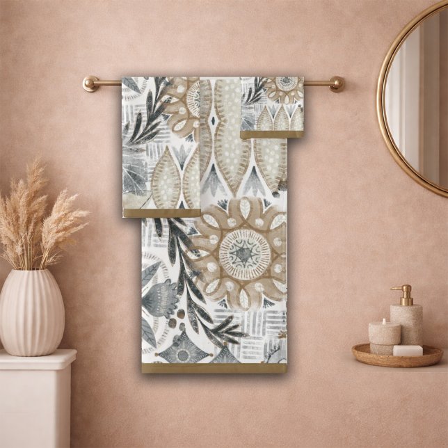 Earthy Boho Sand Gray Botanical Pattern Bath Towel Set (Creator Uploaded)