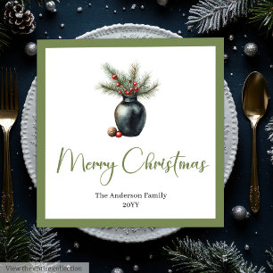 Earthy Boho Watercolor Pine Wreath Holiday Napkins