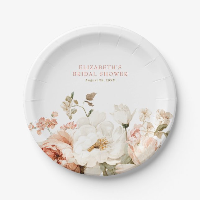 Earthy Botanical Dusty Rose Floral Bridal Shower Paper Plate (Front)