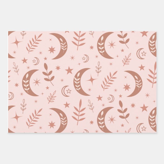 Earthy brown boho moon pattern on cream  wrapping paper sheet (Front)