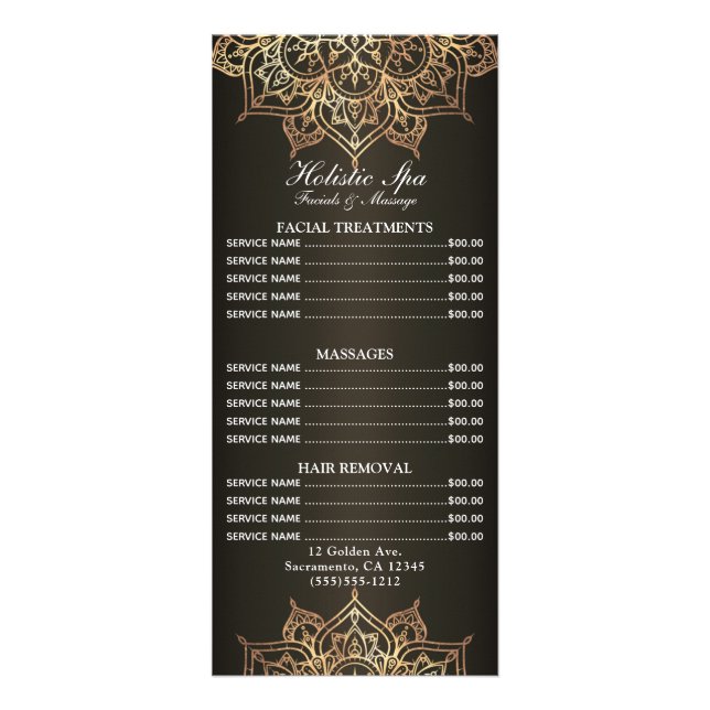 Earthy Brown Gold Mandala Holistic Spa Price List  Rack Card (Front)