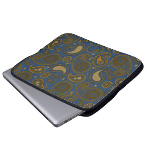 Earthy Brown Paisley pattern on blue fabric Laptop Sleeve