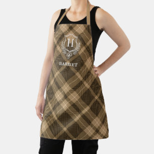 Earthy Brown Plaid Monogram Name Apron