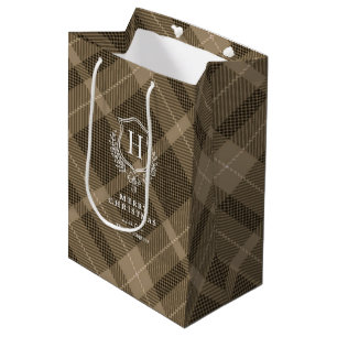 Earthy Brown Plaid Monogram Name Christmas Medium Gift Bag
