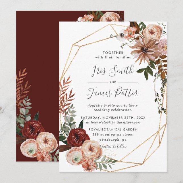 Earthy Burgundy Blush Orange Greenery Fall Wedding Invitation (Front/Back)