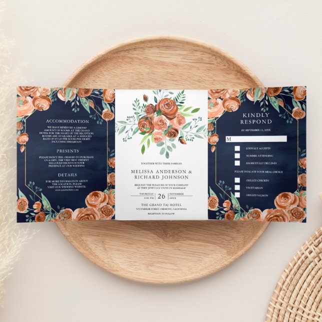 Earthy Burnt Orange Floral Navy Blue Wedding Tri-Fold Invitation (Creator Uploaded)