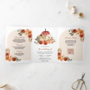 Earthy Burnt Orange Floral Pumpkin QR Code Wedding Tri-Fold Invitation