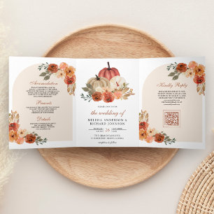 Earthy Burnt Orange Floral Pumpkin QR Code Wedding Tri-Fold Invitation