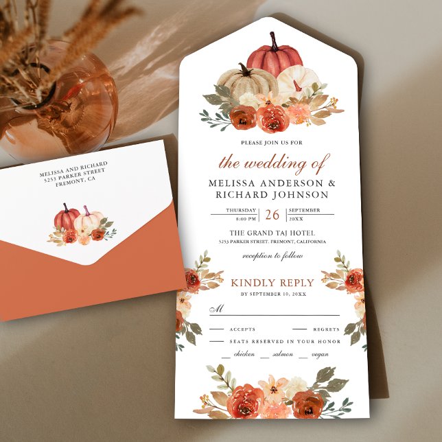 Earthy Burnt Orange Floral Pumpkin Wedding All In One Invitation (Creator Uploaded)