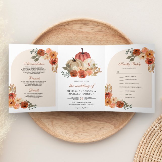 Earthy Burnt Orange Floral Pumpkin Wedding Tri-Fold Invitation (Creator Uploaded)