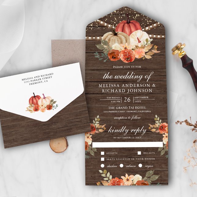 Earthy Burnt Orange Floral Pumpkin Wood Wedding All In One Invitation (Creator Uploaded)