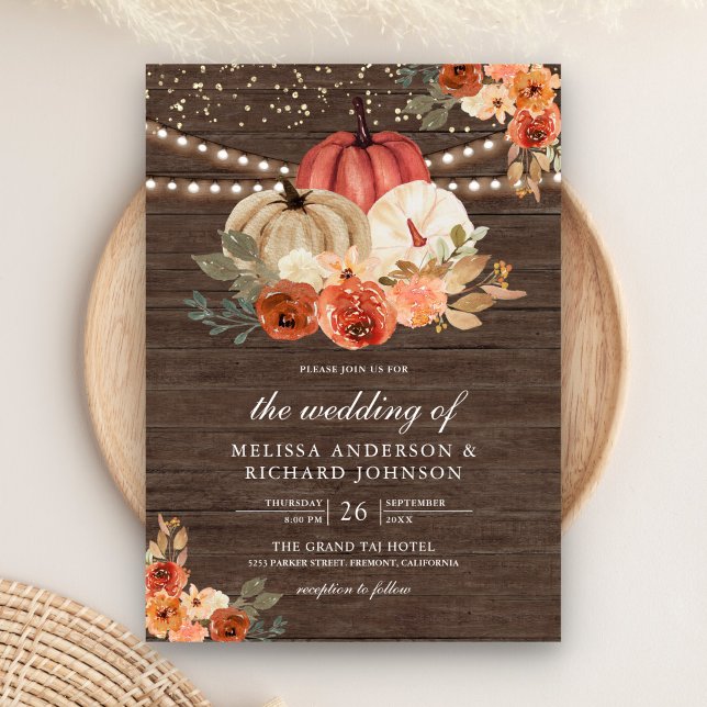 Earthy Burnt Orange Floral Pumpkin Wood Wedding Invitation (Creator Uploaded)