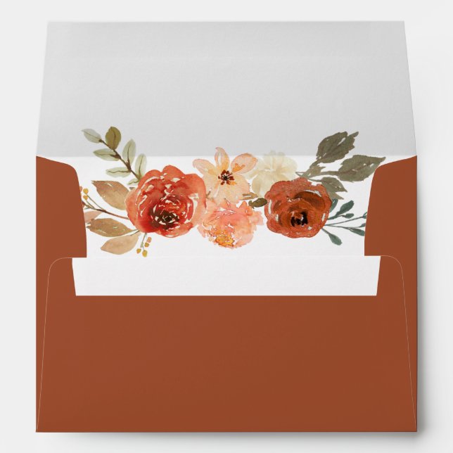 Earthy Burnt Orange Floral Terracotta Wedding Envelope (Back (Bottom))