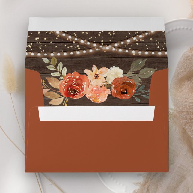 Earthy Burnt Orange Floral Wood Terracotta Wedding Envelope (Creator Uploaded)