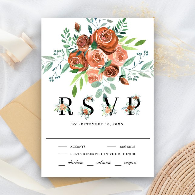 Earthy Burnt Orange Rose Terracotta Floral Wedding RSVP Card (Creator Uploaded)