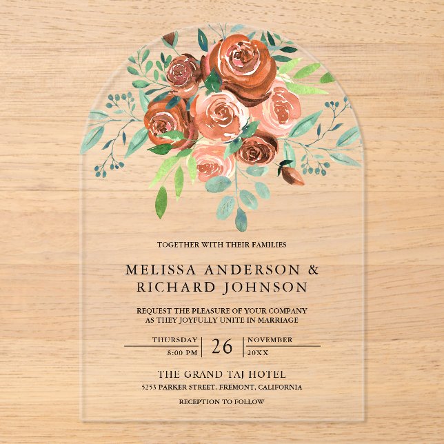 Earthy Burnt Orange Roses Bouquet Floral Wedding Acrylic Invitations (Front)