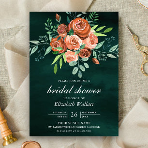 Earthy Burnt Orange Roses Emerald Bridal Shower Invitation