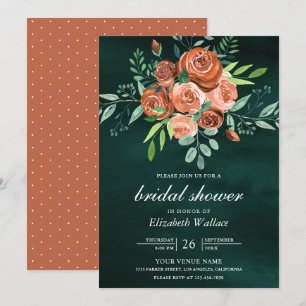 Earthy Burnt Orange Roses Emerald Bridal Shower Invitation