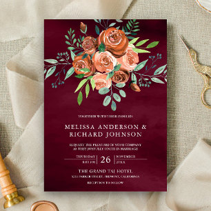 Earthy Burnt Orange Roses Floral Burgundy Wedding Invitation