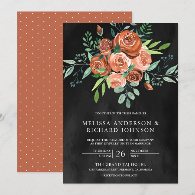 Earthy Burnt Orange Roses Floral Dark Grey Wedding Invitation (Front/Back)
