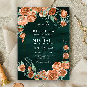 Earthy Burnt Orange Roses Floral Emerald Wedding Invitation