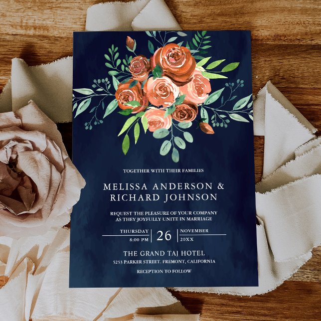 Earthy Burnt Orange Roses Floral Navy Blue Wedding Invitation (Creator Uploaded)