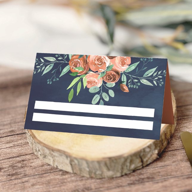 Earthy Burnt Orange Roses Floral Navy Blue Wedding Place Card (Creator Uploaded)