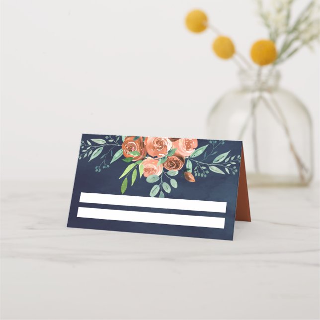 Earthy Burnt Orange Roses Floral Navy Blue Wedding Place Card (Front)