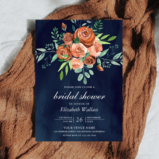 Earthy Burnt Orange Roses Navy Blue Bridal Shower Invitation (Creator Uploaded)