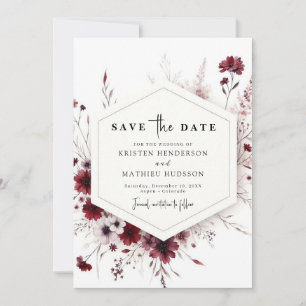 Earthy Chic Burgundy Floral Wedding Save The Date