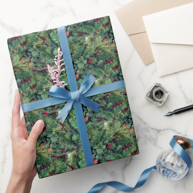 Earthy Christmas Tree Branches and Pinecones Wrapping Paper (Gifting)