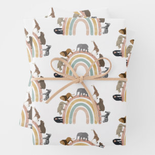 Earthy Colors Rainbow Jungle Animals Pattern Wrapping Paper Sheet