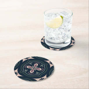 earthy coloured floral geometric tiles round paper coaster