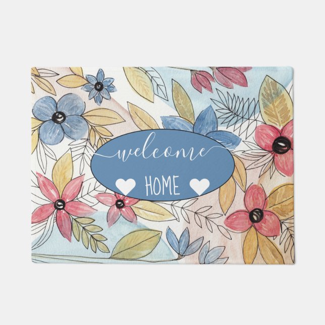 Earthy Coloured Watercolor Floral Leaves Art Doormat (Front)