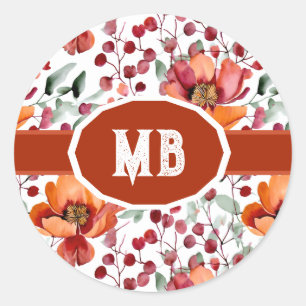 Earthy Colours, Fall Flowers Monogrammed Classic Round Sticker