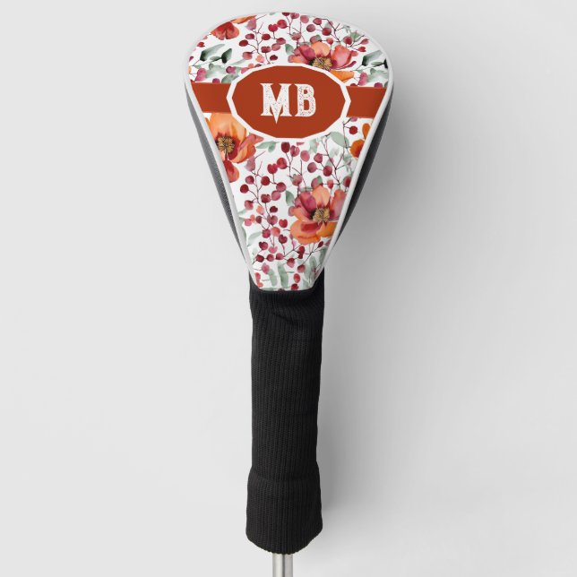 Earthy Colours, Fall Flowers Monogrammed Golf Head Cover (Front)