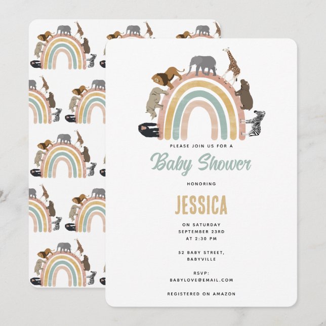 Earthy Colours Rainbow Jungle Animals Baby Shower Invitation (Front/Back)