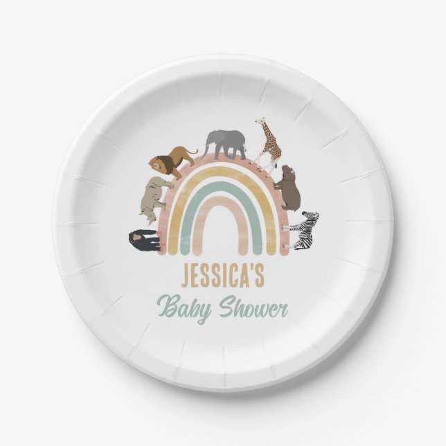 Earthy Colours Rainbow Jungle Animals Baby Shower Paper Plate (Front)