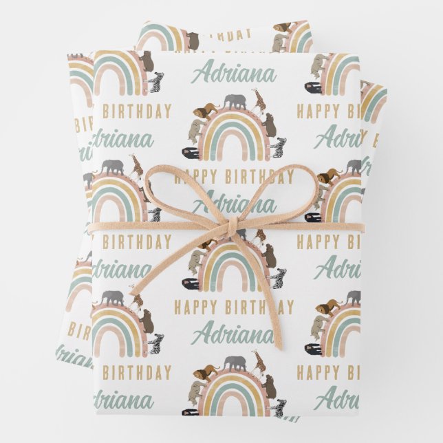 Earthy Colours Rainbow Jungle Animals Birthday Nam Wrapping Paper Sheet (In situ)