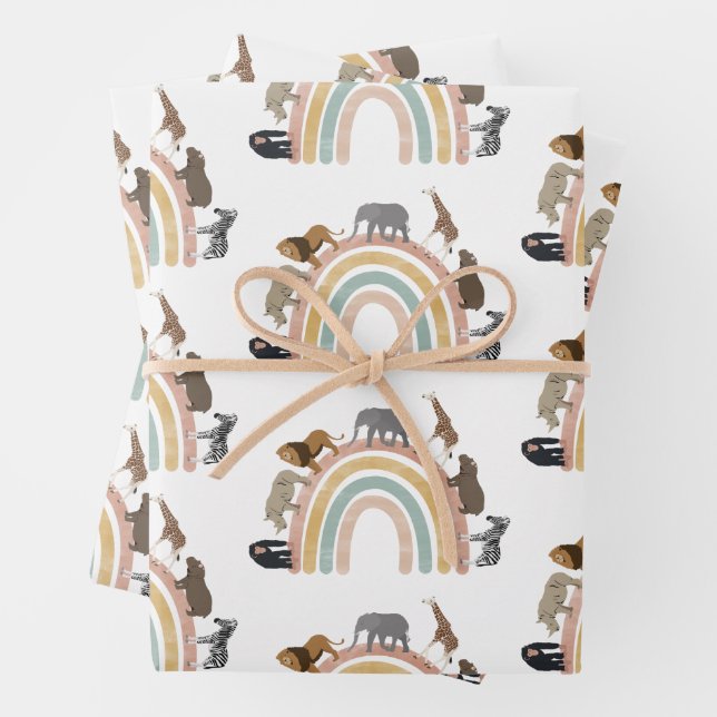 Earthy Colours Rainbow Jungle Animals Pattern Wrapping Paper Sheet (In situ)