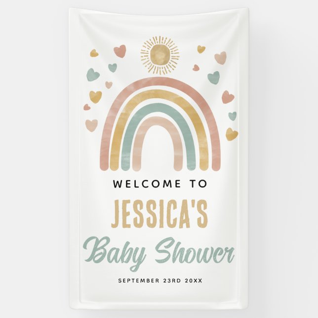 Earthy Colours Rainbow Sun Baby Shower Welcome Sig Banner (Vertical)