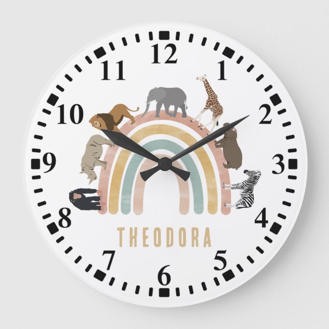 Earthy Colours Watercolor Rainbow Jungle Animals Large Clock (Front)