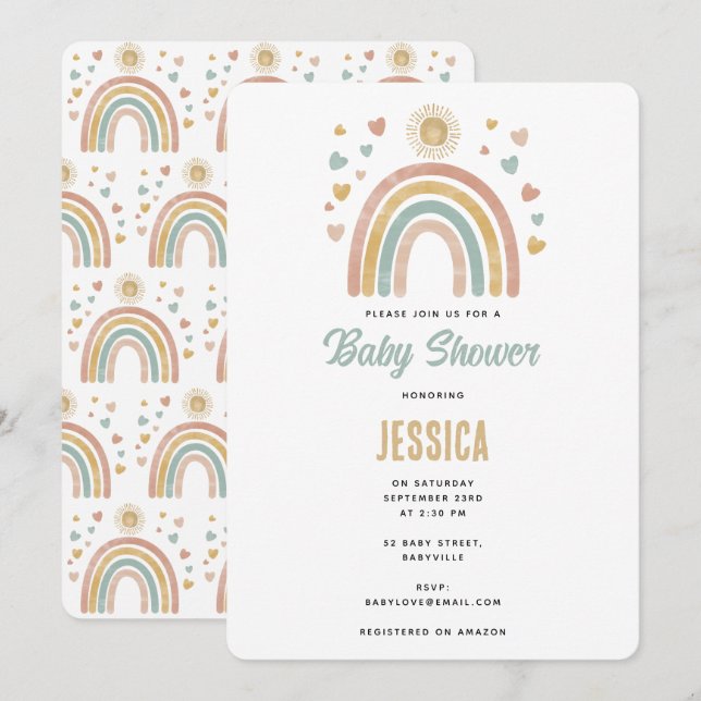 Earthy Colours Watercolor Rainbow Sun Baby Shower Invitation (Front/Back)