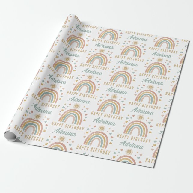 Earthy Colours Watercolor Rainbow Sun Birthday Nam Wrapping Paper (Unrolled)