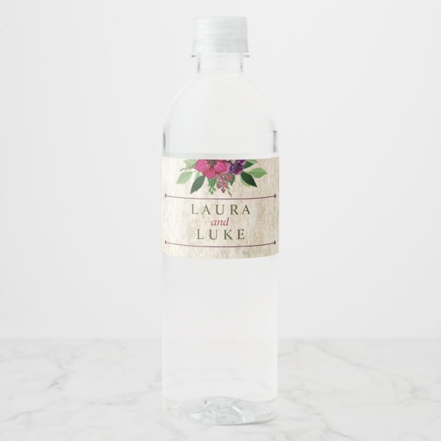 Earthy, Cranberry-Plum Floral Water Bottle Label (Front)