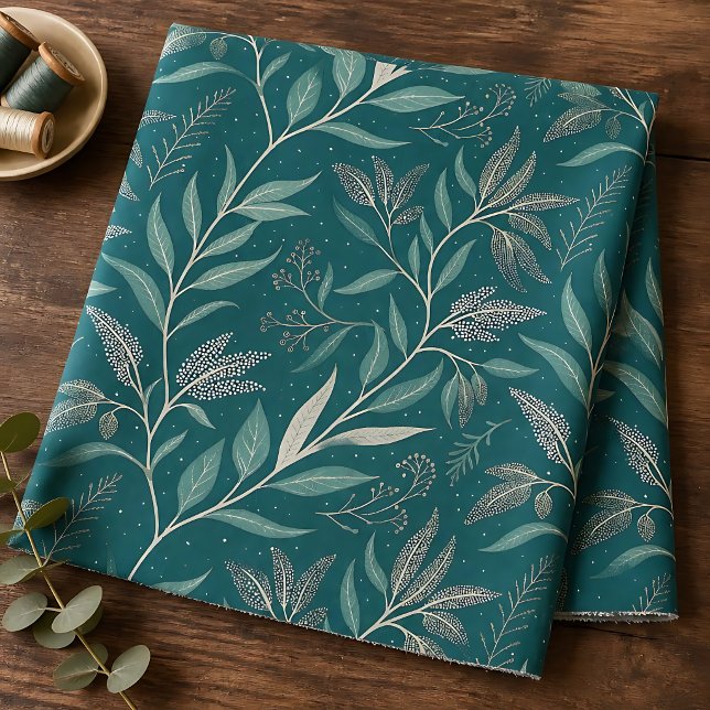 Earthy Deep Teal-Green Botanical Leaf Pattern Fabric (Creator Uploaded)