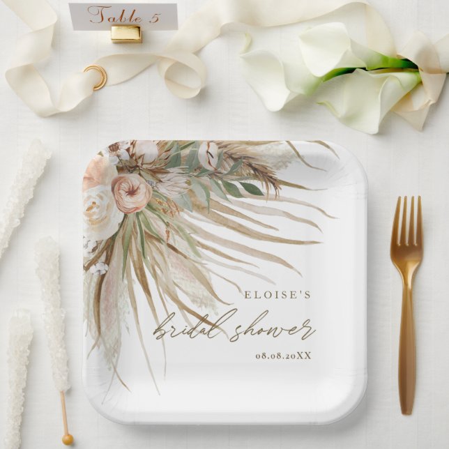 Earthy Dried Pampas Grass Floral Wedding Bridal Pa Paper Plate (Wedding)